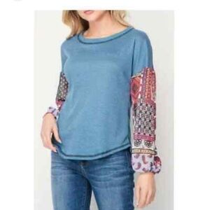 BOHO Patchwork Design Sheer Sleeves Waffle Top by baea Los Angeles MSRP$88